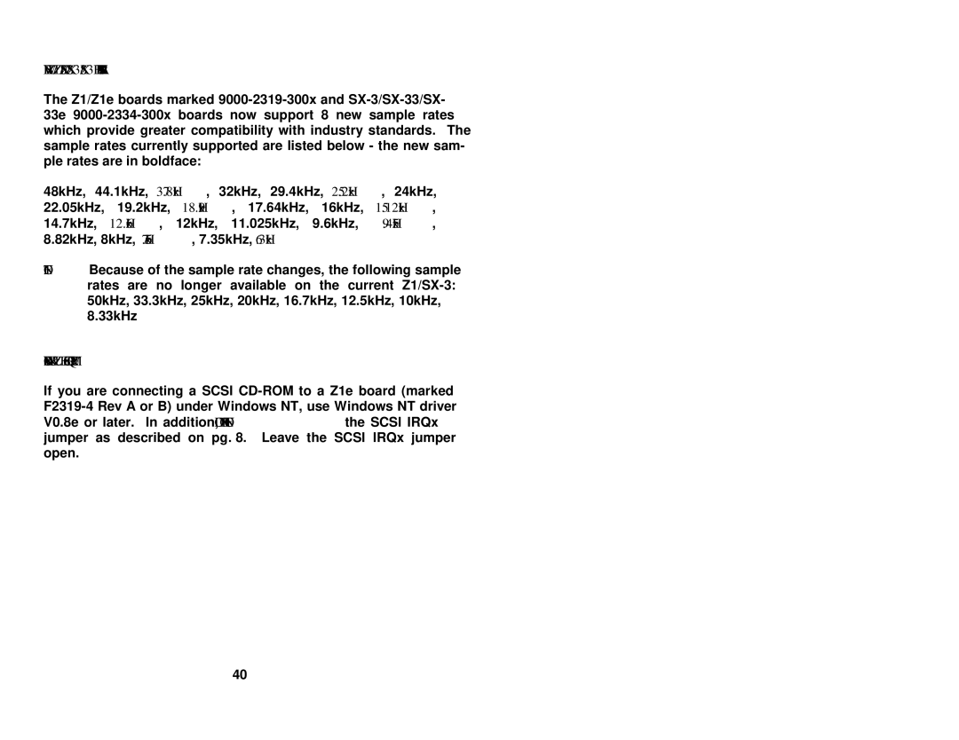 Antex electronic SX-33B user manual NEW Z1/Z1E/SX-3/SX-33/SX-33E Sample Rates, Windows NT & Z1E Scsi IRQ Jumper 