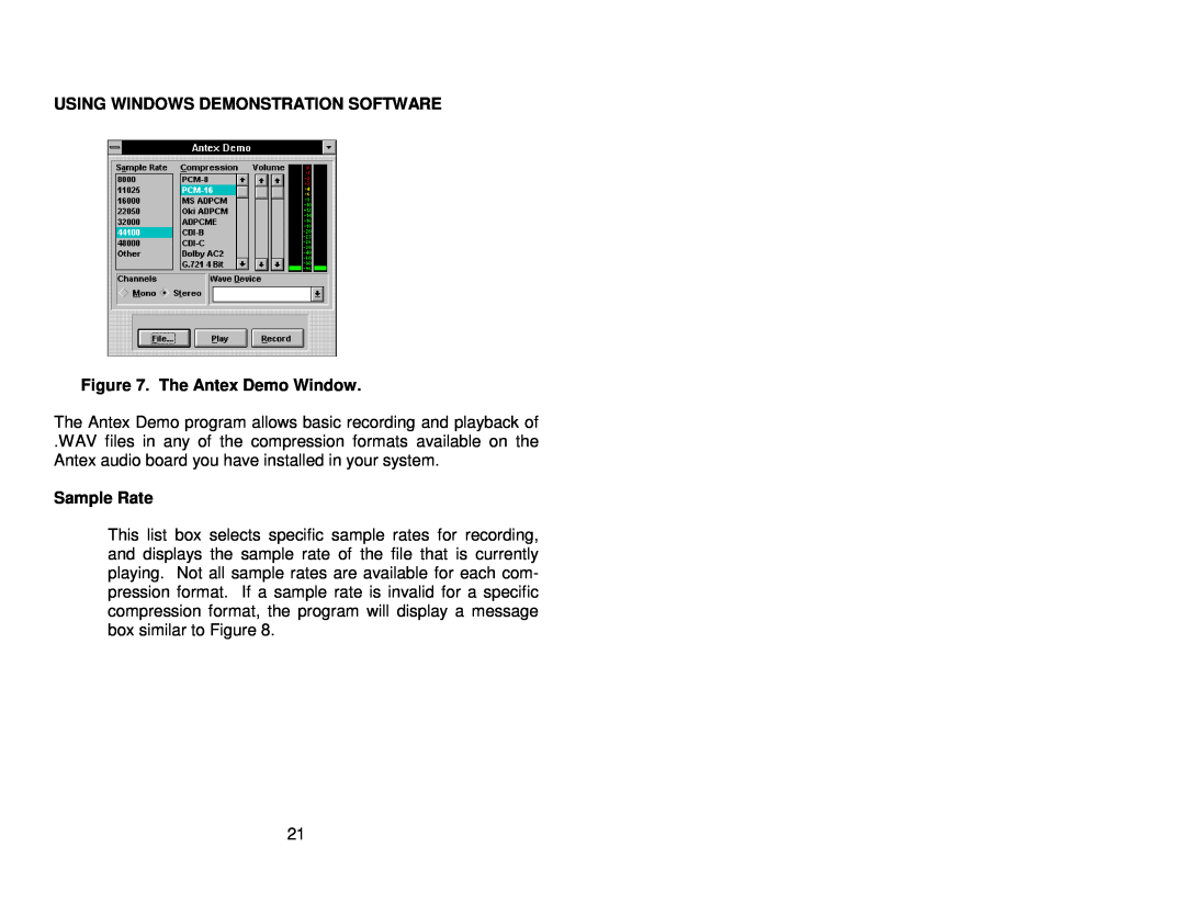 Antex electronic SX-33E, SX-33B user manual Using Windows Demonstration Software, The Antex Demo Window, Sample Rate 