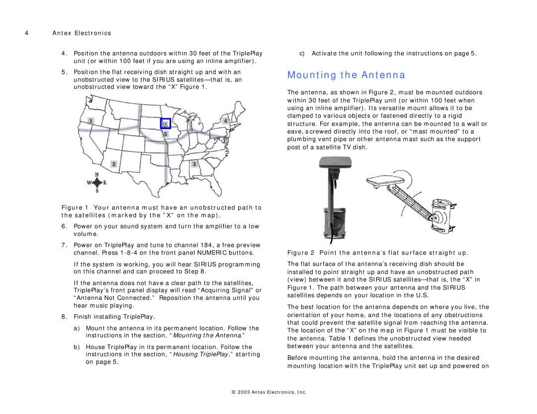 Antex electronic TriplePlay Multizone Satellite Audio Receiver warranty Mounting the Antenna 