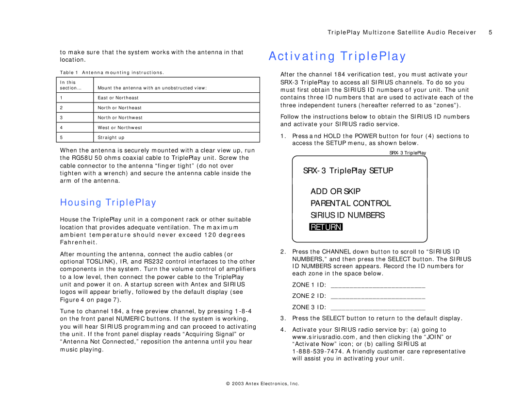 Antex electronic TriplePlay Multizone Satellite Audio Receiver warranty Activating TriplePlay, Housing TriplePlay 