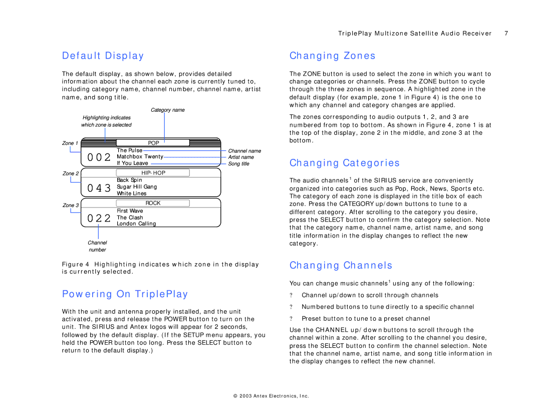 Antex electronic TriplePlay Multizone Satellite Audio Receiver Default Display, Powering On TriplePlay, Changing Zones 