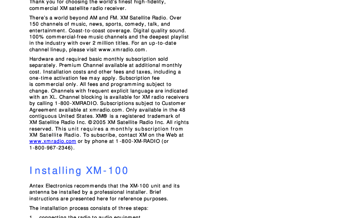Antex electronic owner manual Installing XM-100 