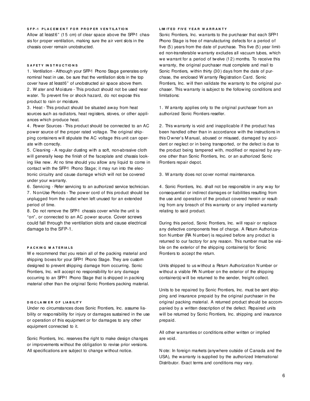 Anthem Audio owner manual SFP-1 Placement for Proper Ventilation 