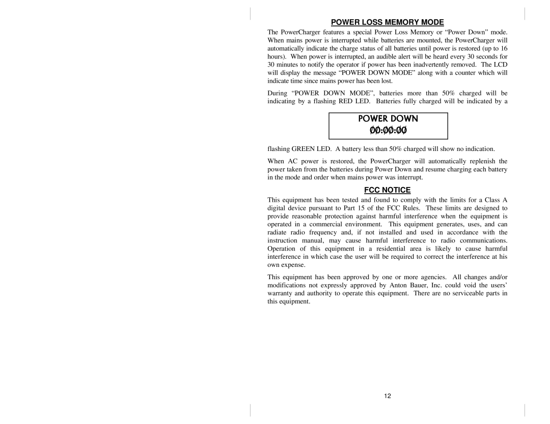 Anton/Bauer 2700, 2400 owner manual Power Loss Memory Mode, FCC Notice 