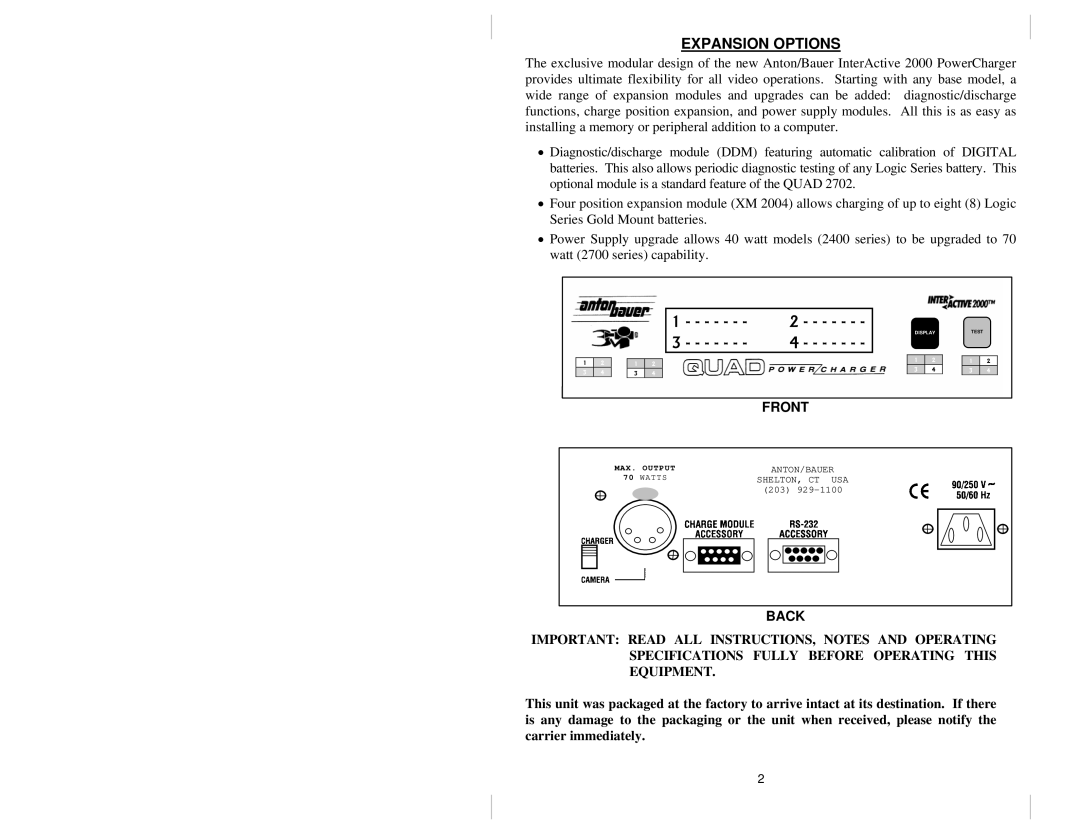 Anton/Bauer 2700, 2400 owner manual Expansion Options, Back 