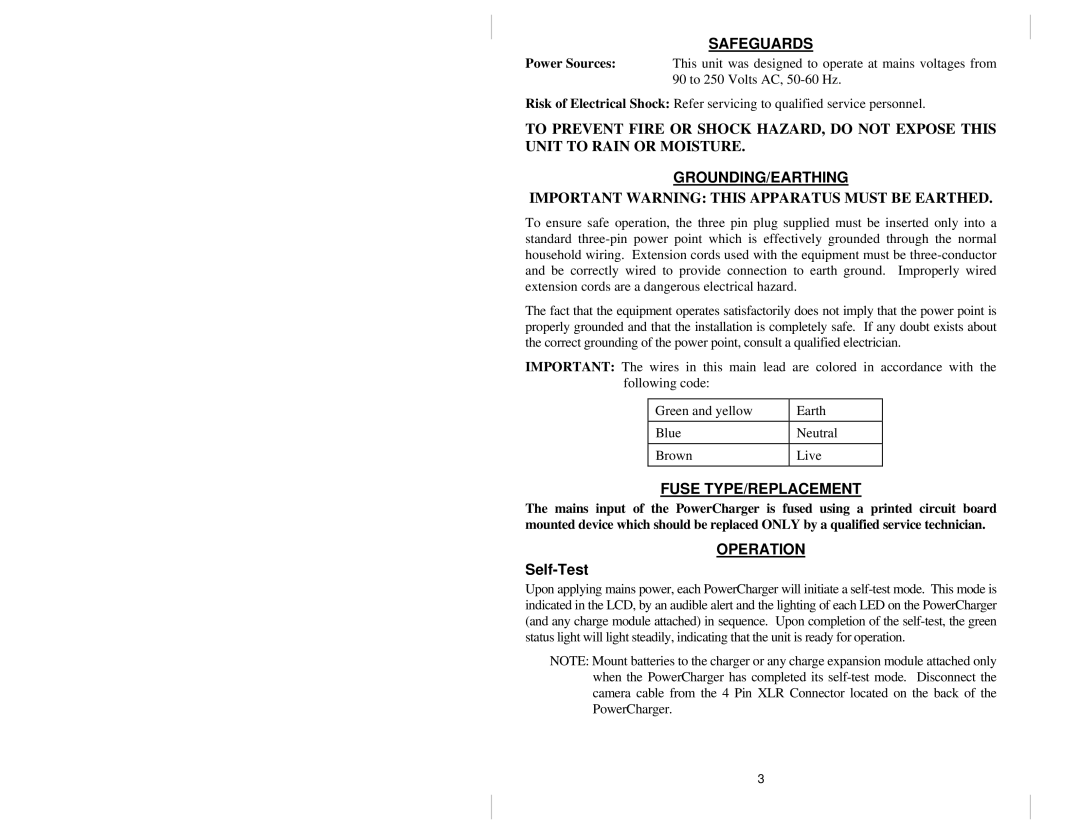 Anton/Bauer 2400, 2700 owner manual Safeguards, Grounding/Earthing, Fuse TYPE/REPLACEMENT, Operation, Self-Test 