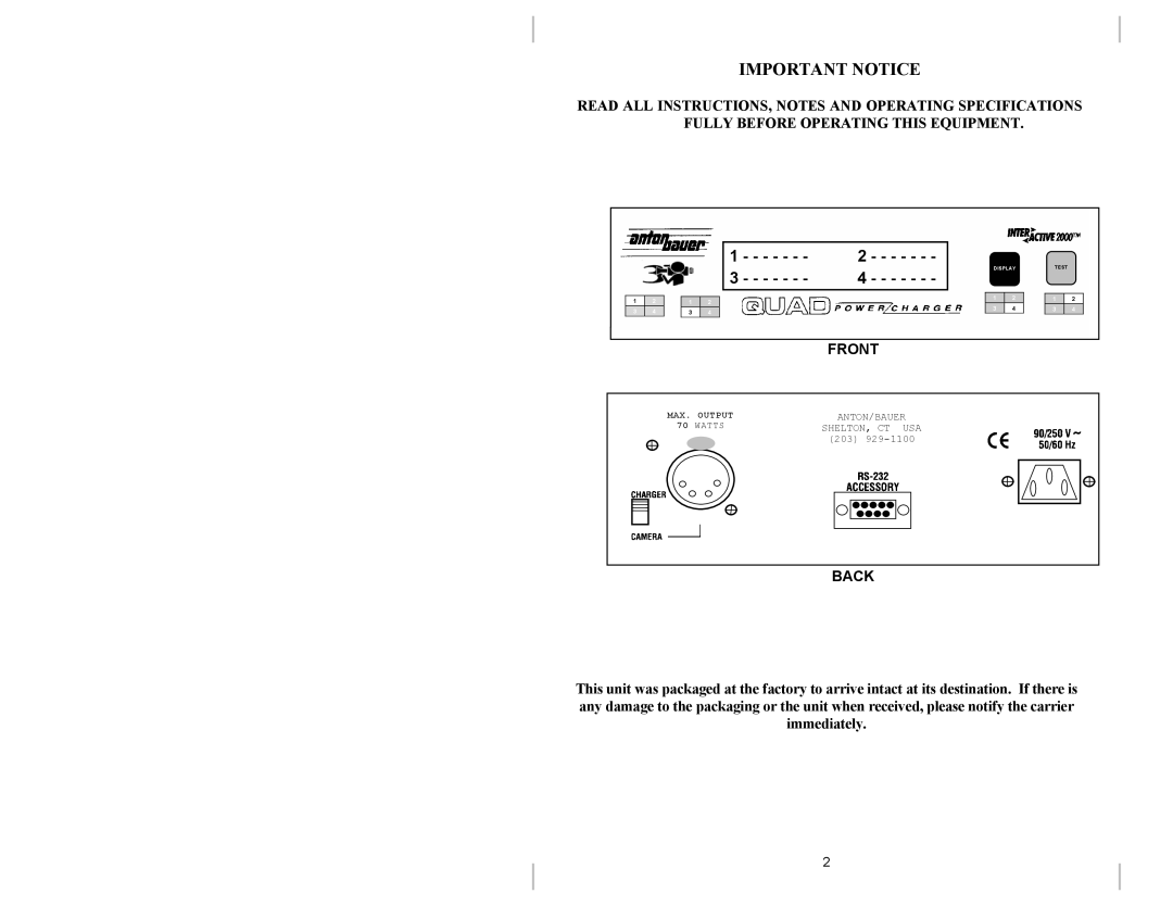 Anton/Bauer DUAL 2702, QUAD 2702 owner manual Important Notice 