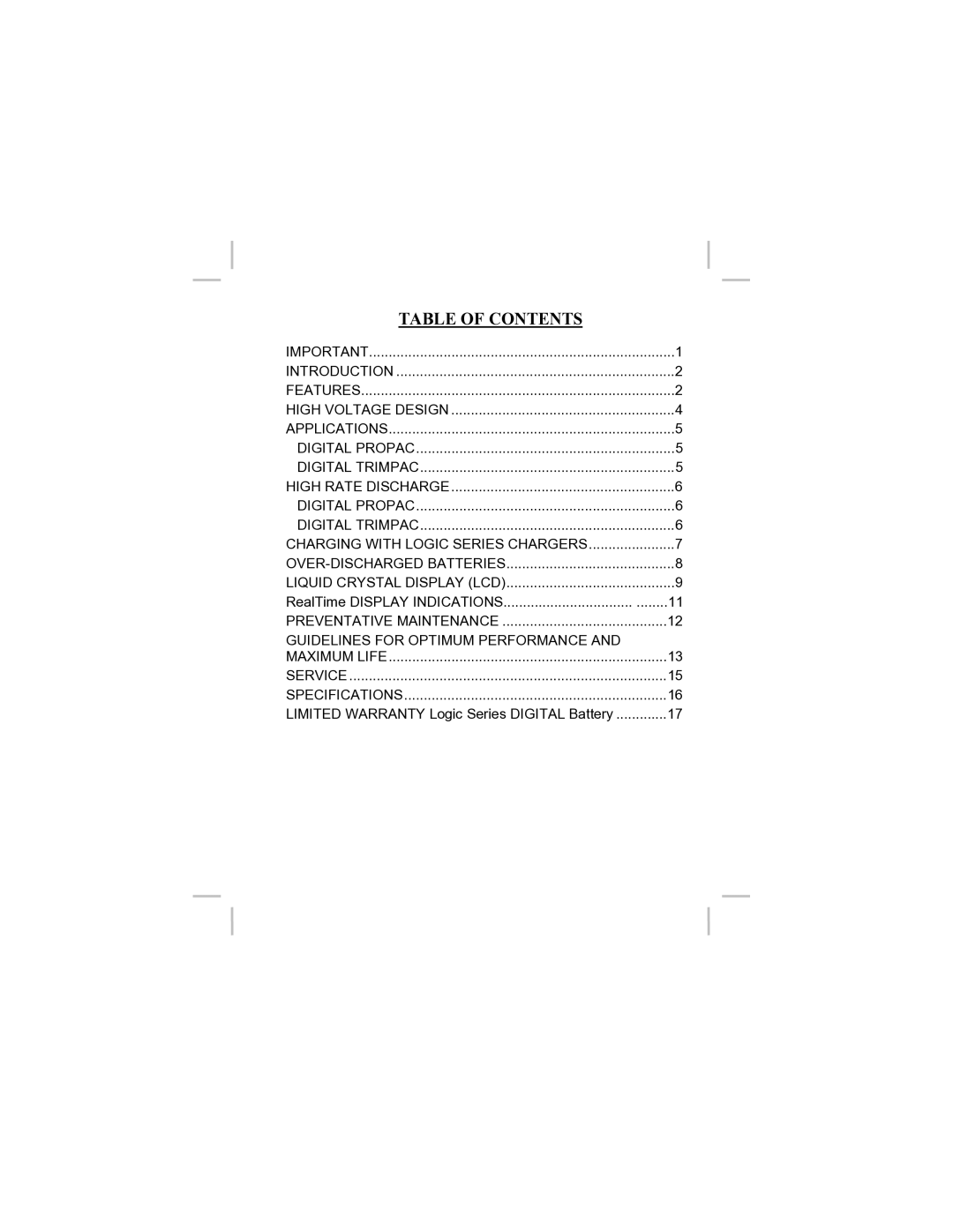 Anton/Bauer LOGIC Series owner manual Table of Contents 