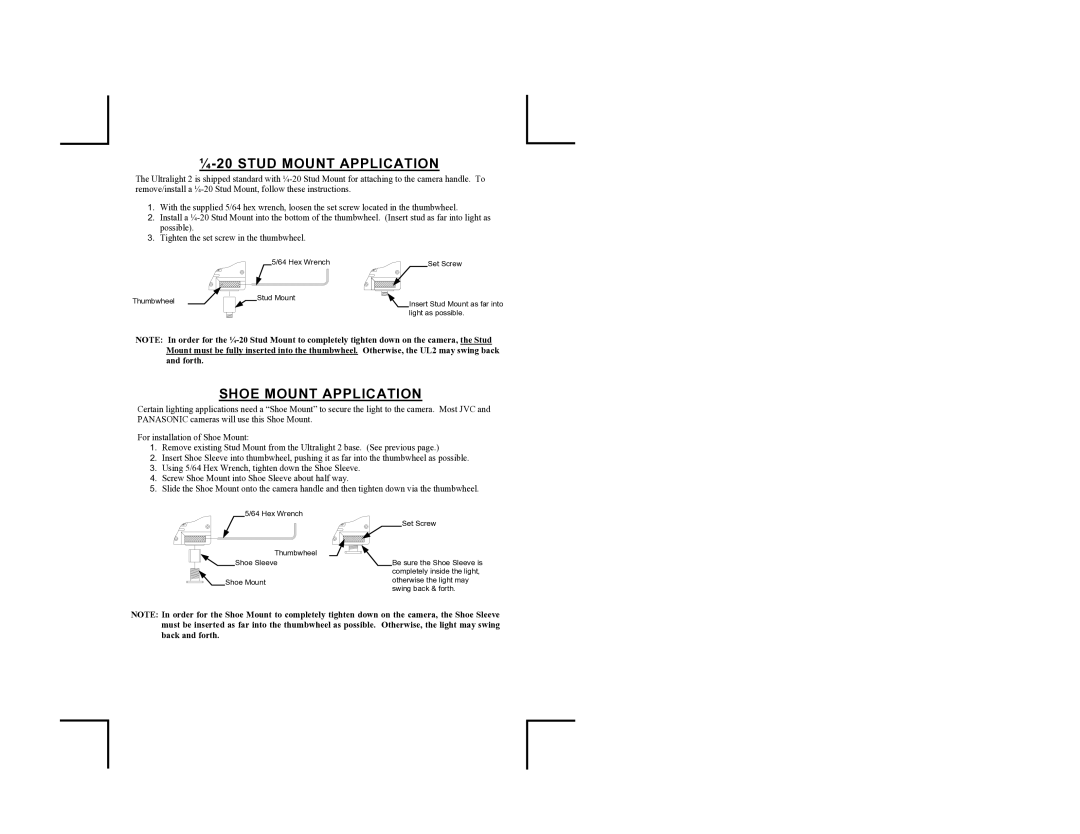 Anton/Bauer UL-2 owner manual ¼-20 Stud Mount Application, Shoe Mount Application 