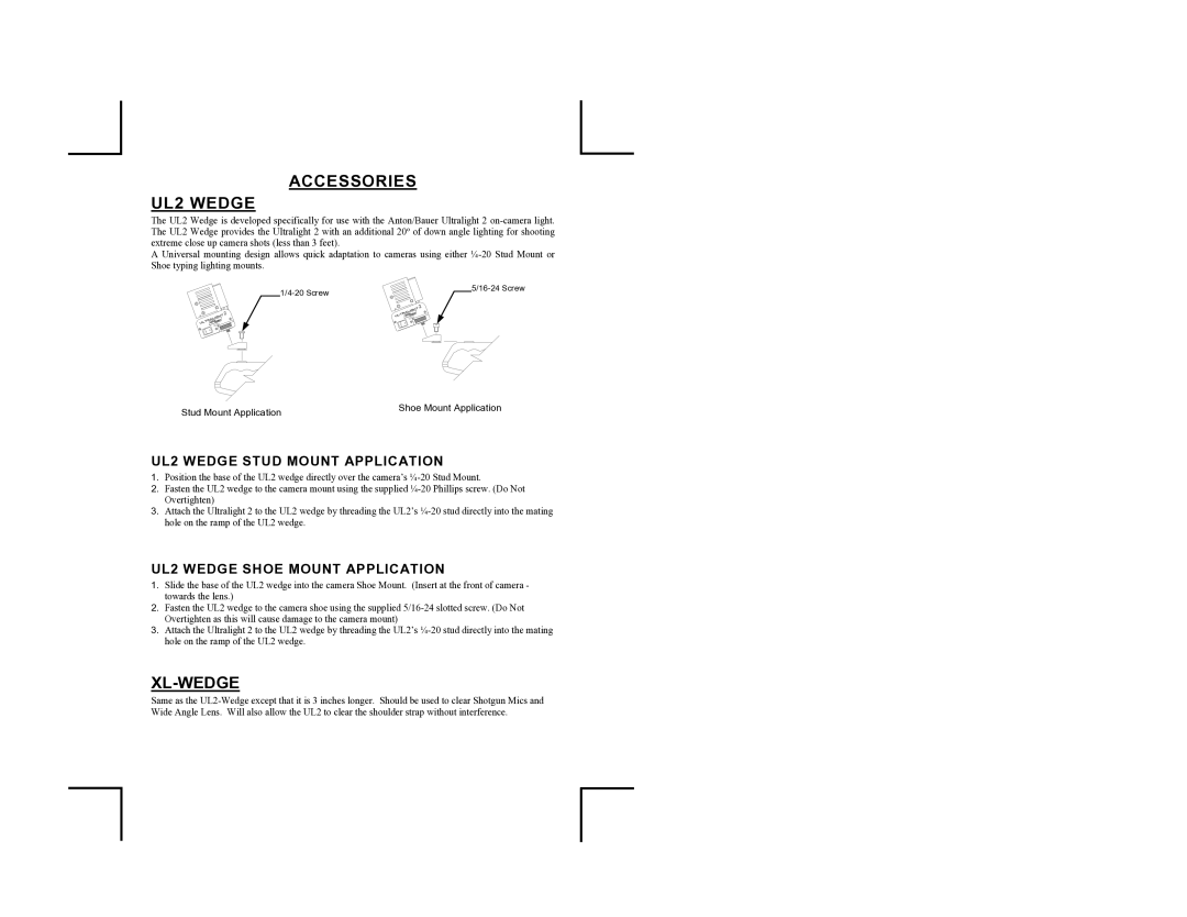 Anton/Bauer UL-2 owner manual Accessories UL2 Wedge 