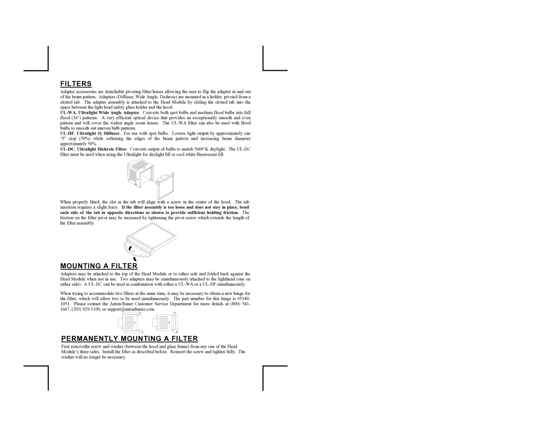 Anton/Bauer UL-2 owner manual Filters, Permanently Mounting a Filter 