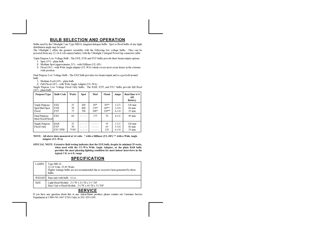 Anton/Bauer UL-2 owner manual Bulb Selection and Operation, Specification, Service 