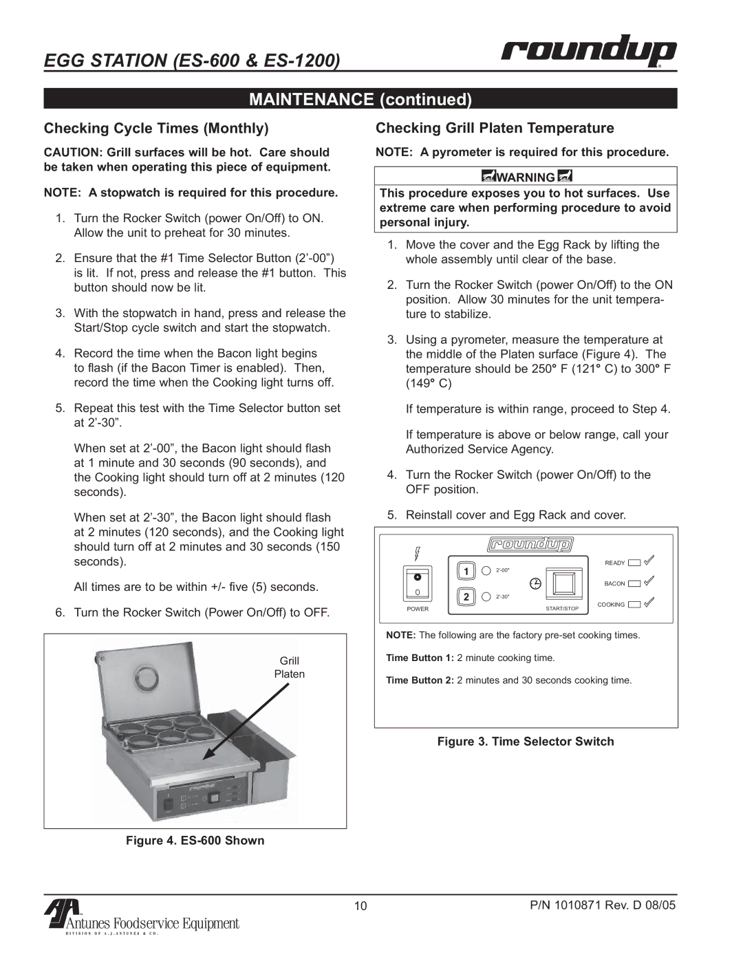 Antunes, AJ 9300580, 9300586, 9300582, 9300584 Maintenance, Checking Cycle Times Monthly, Checking Grill Platen Temperature 