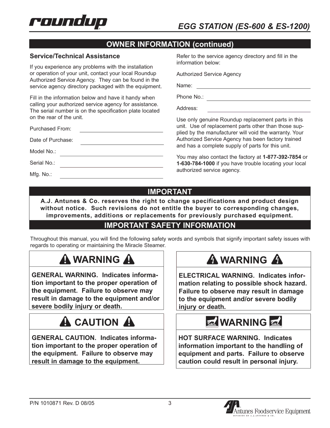 Antunes, AJ 9300580, 9300586, 9300582, 9300584 Owner Information, Important Safety Information, Service/Technical Assistance 