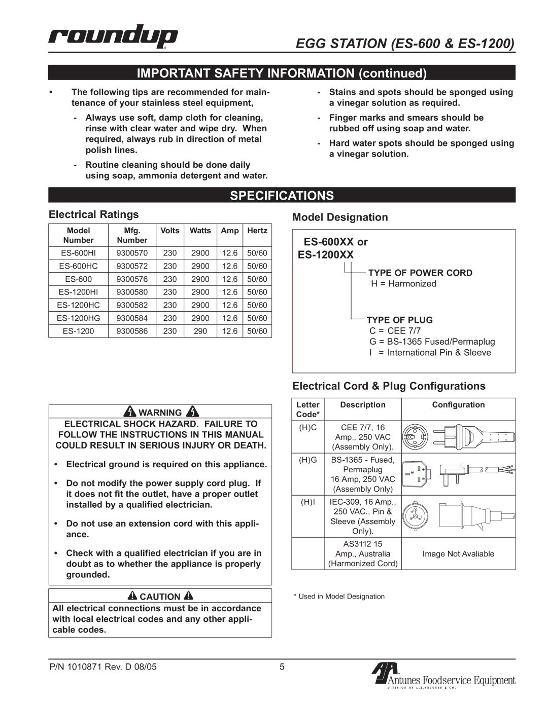 Antunes, AJ 9300570, 9300586, 9300582, 9300584 Specifications, Electrical Ratings, Model Designation ES-600XX or ES-1200XX 