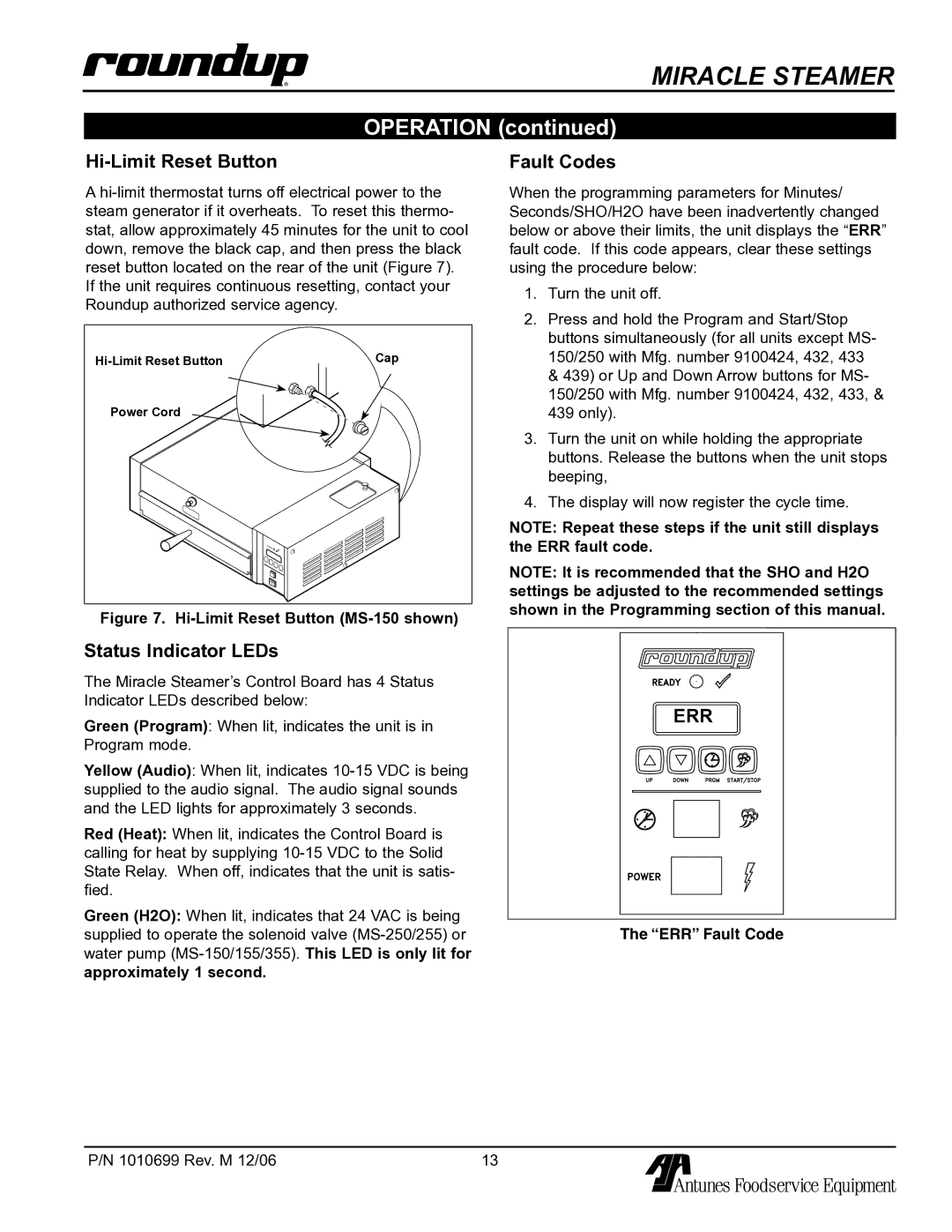 Antunes, AJ MS-150/155 owner manual Hi-Limit Reset Button, Fault Codes, Status Indicator LEDs 