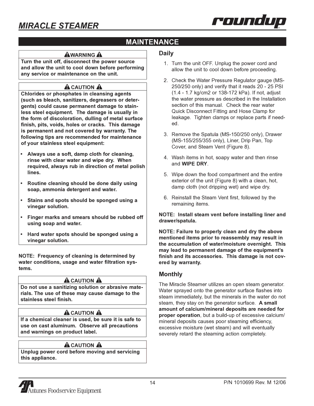 Antunes, AJ MS-150/155 owner manual Maintenance, Daily, Monthly 