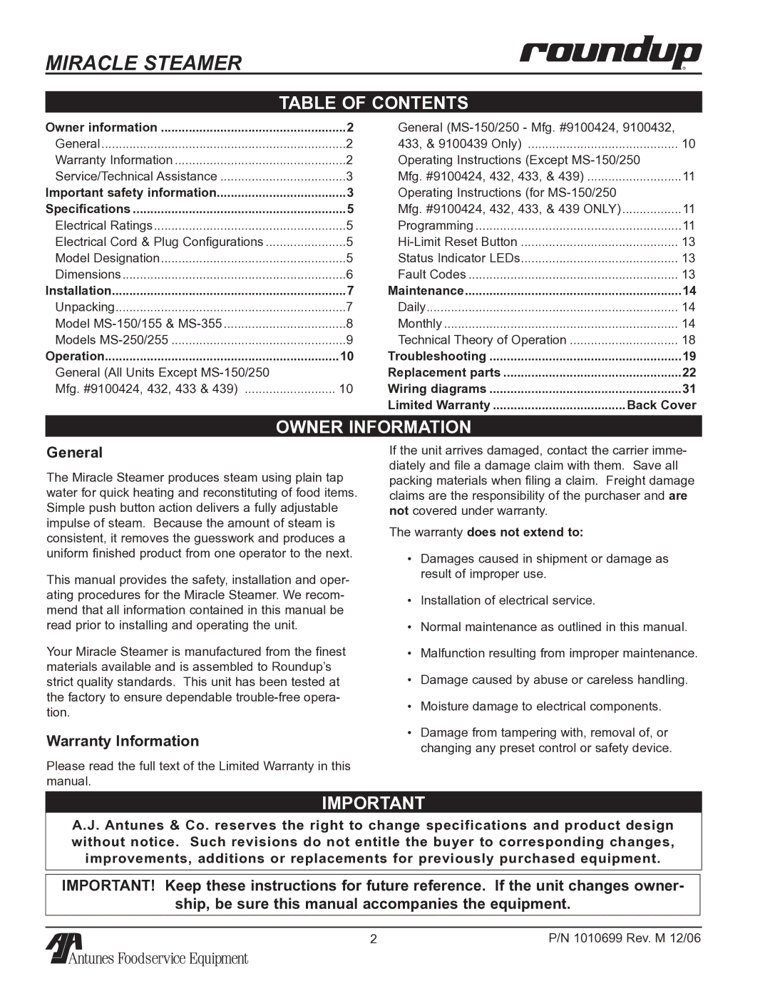 Antunes, AJ MS-150/155 owner manual Table of Contents, Owner Information 