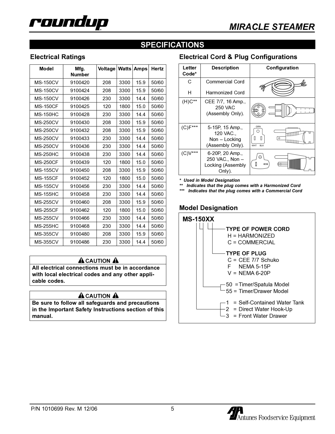 Antunes, AJ MS-150/155 owner manual Specifications, Electrical Ratings, Electrical Cord & Plug Configurations 