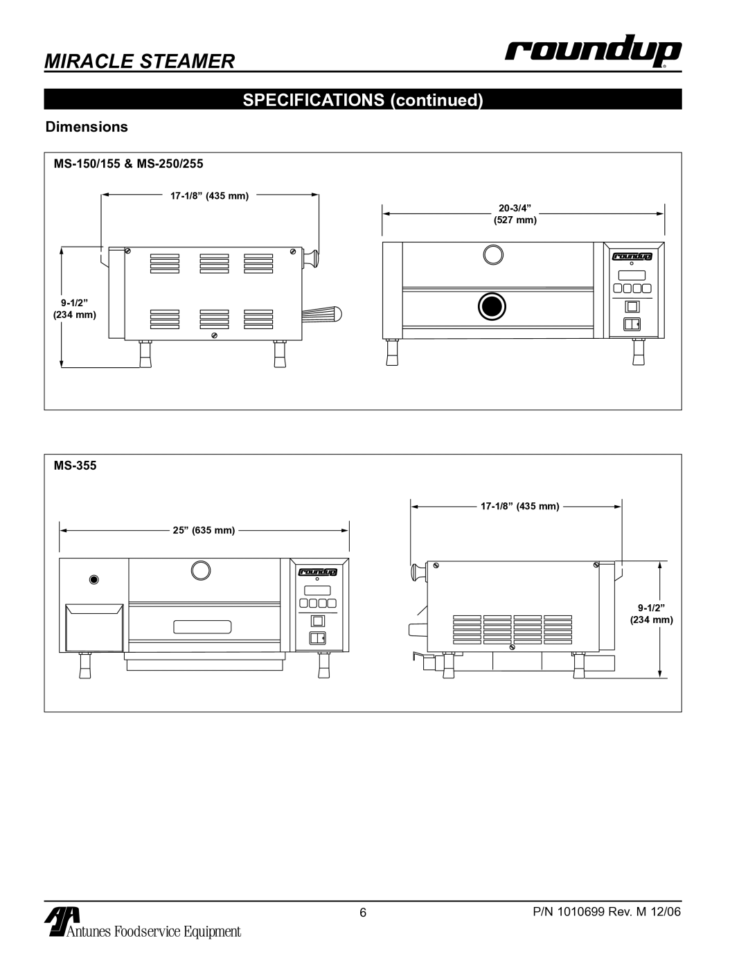 Antunes, AJ MS-150/155 owner manual Specifications, Dimensions 