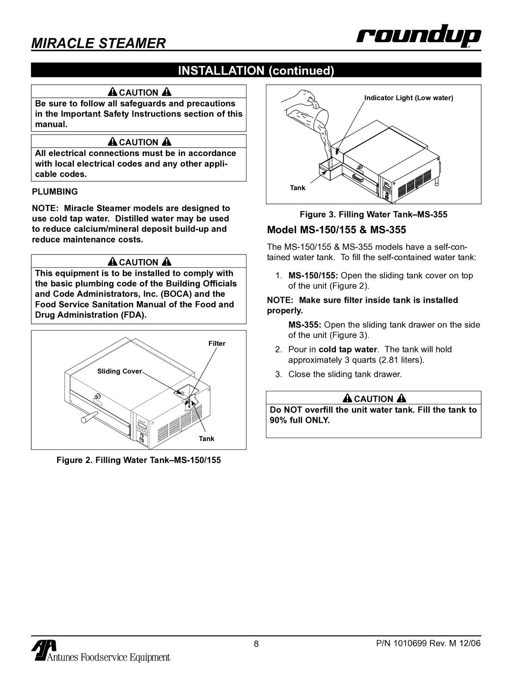 Antunes, AJ owner manual Installation, Model MS-150/155 & MS-355, Plumbing 