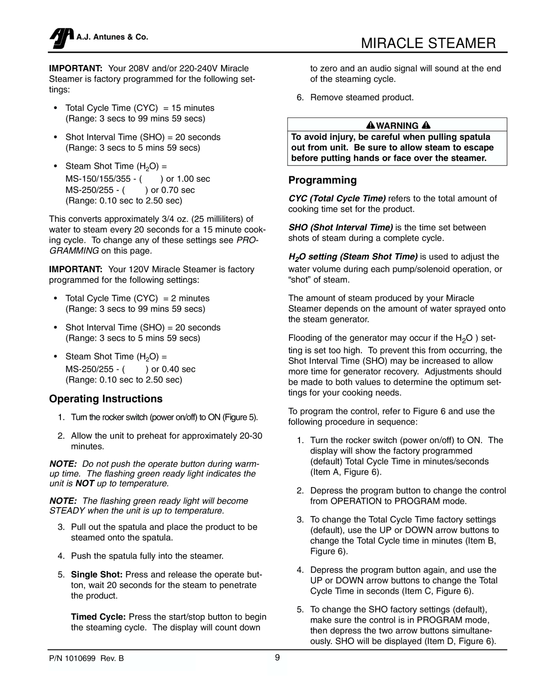 Antunes, AJ MS-355, MS-250/255 owner manual Operating Instructions, Programming 