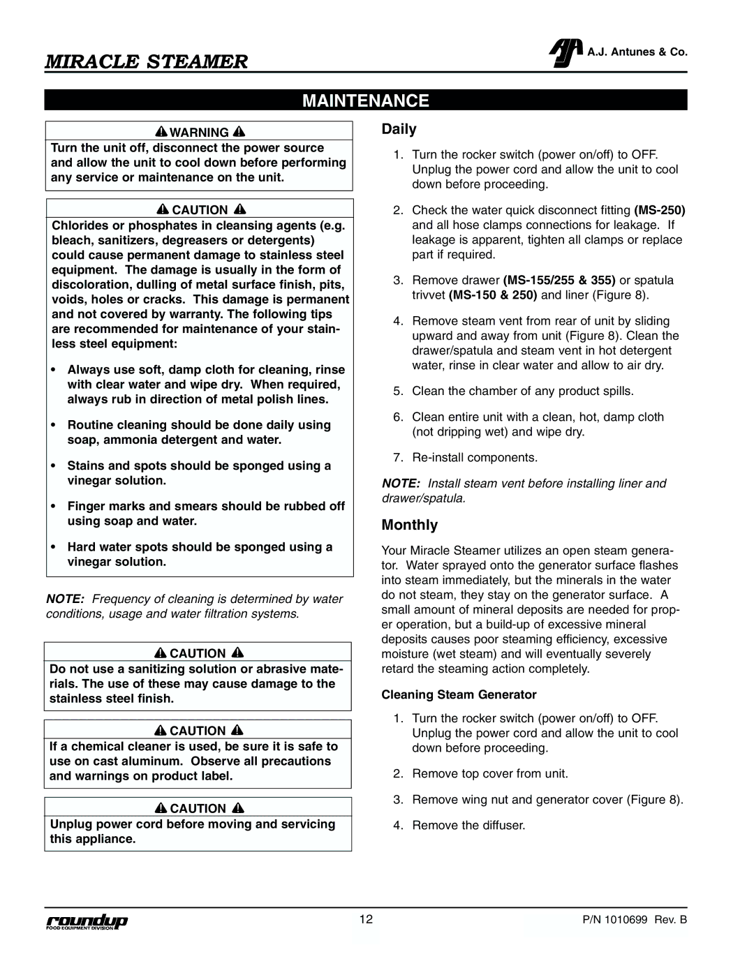 Antunes, AJ MS-250/255, MS-355 owner manual Maintenance, Daily, Monthly, Cleaning Steam Generator 