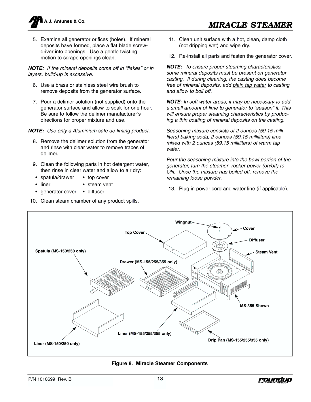 Antunes, AJ MS-355, MS-250/255 owner manual Miracle Steamer Components 