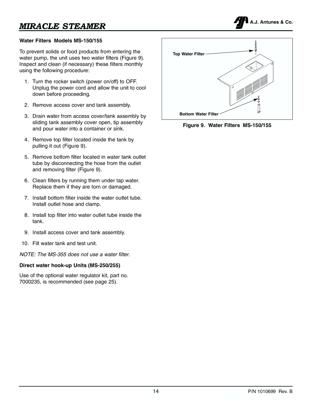 Antunes, AJ MS-355 owner manual Water Filters-Models MS-150/155, Direct water hook-up Units MS-250/255 