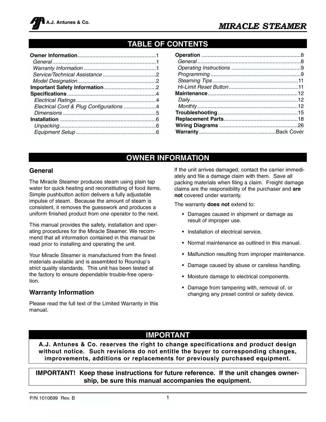 Antunes, AJ MS-355, MS-250/255 owner manual Table of Contents, Owner Information 