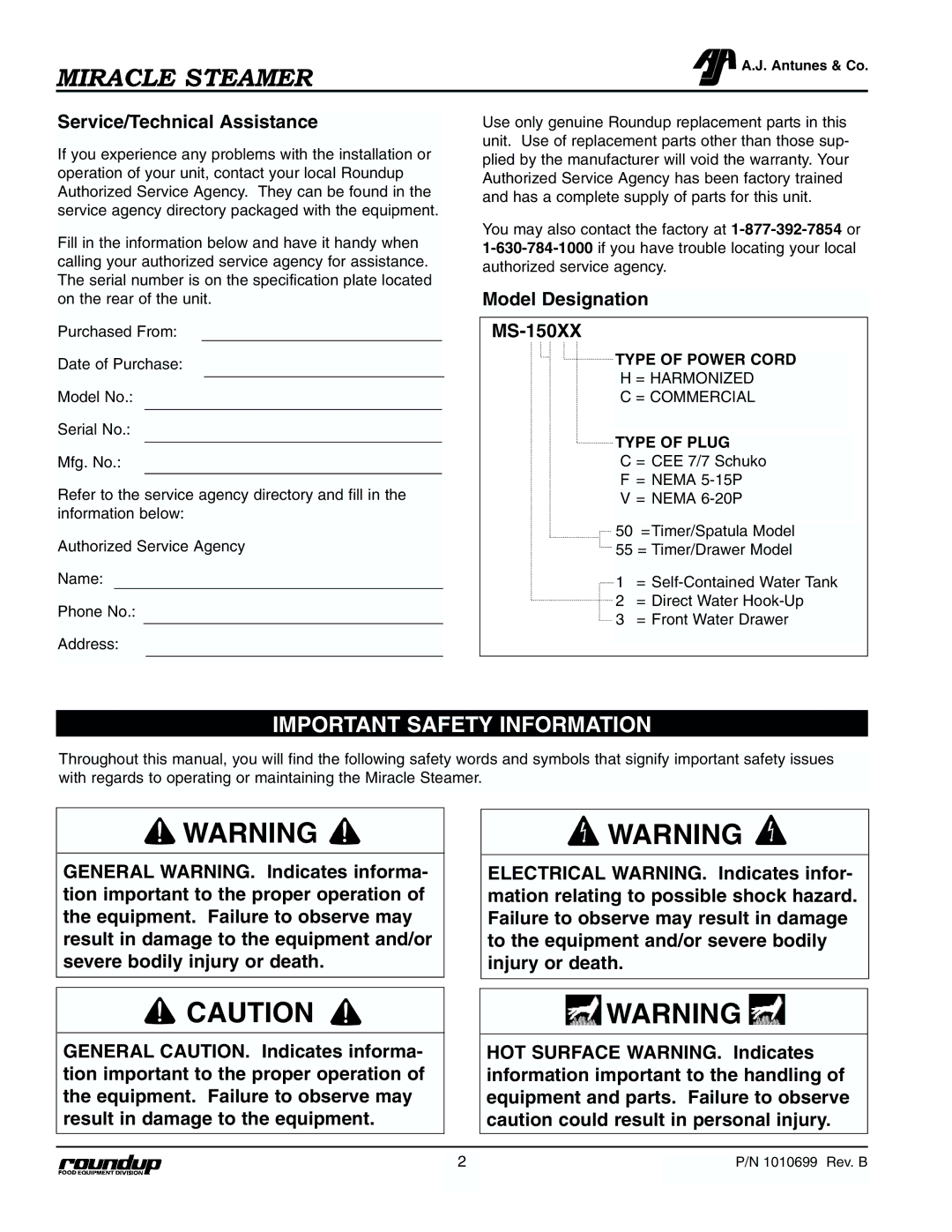 Antunes, AJ MS-250/255, MS-355 Important Safety Information, Service/Technical Assistance, Model Designation MS-150XX 