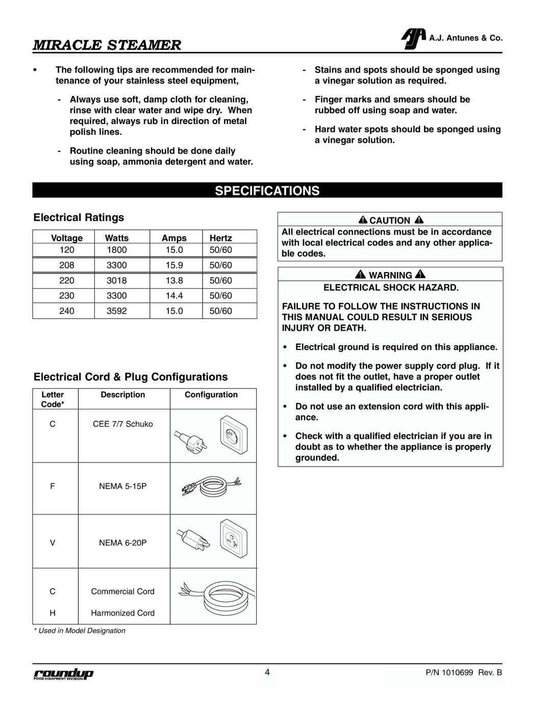 Antunes, AJ MS-250/255 Specifications, Electrical Ratings, Electrical Cord & Plug Configurations, Voltage Watts Amps Hertz 