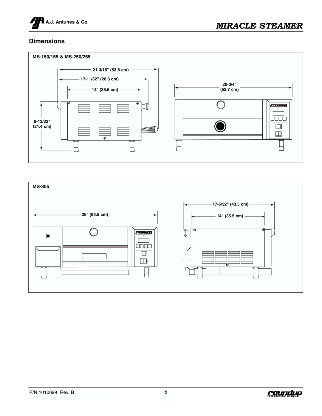 Antunes, AJ MS-355, MS-250/255 owner manual Miracle Steamer, Dimensions 