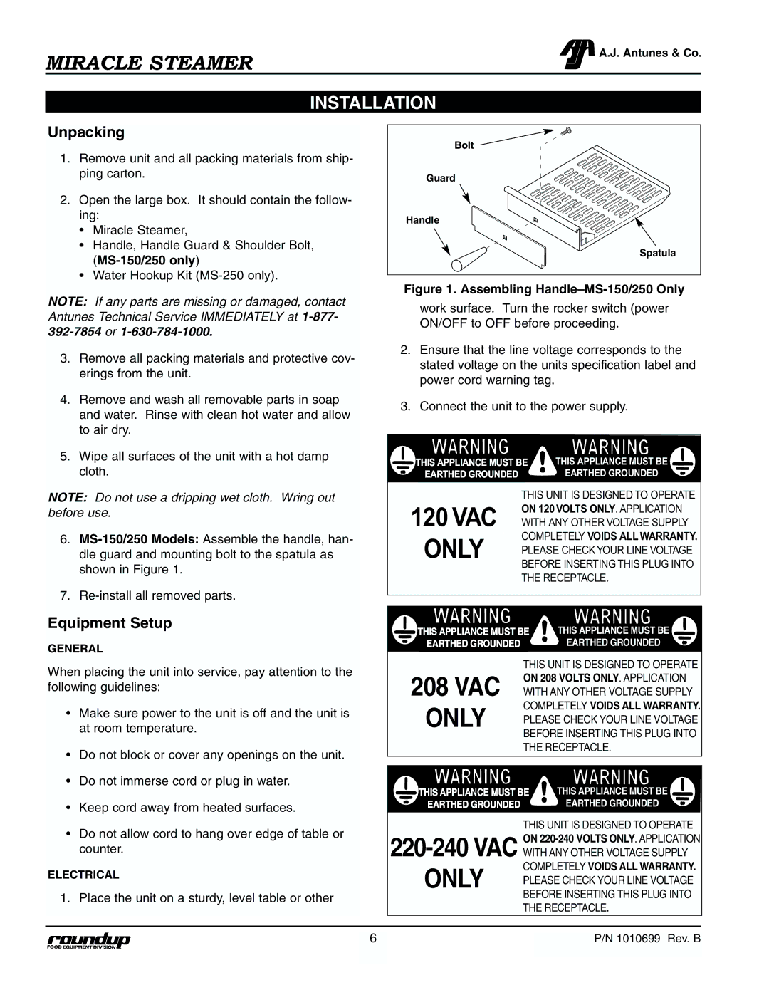 Antunes, AJ MS-250/255, MS-355 owner manual Installation, Unpacking, Equipment Setup 