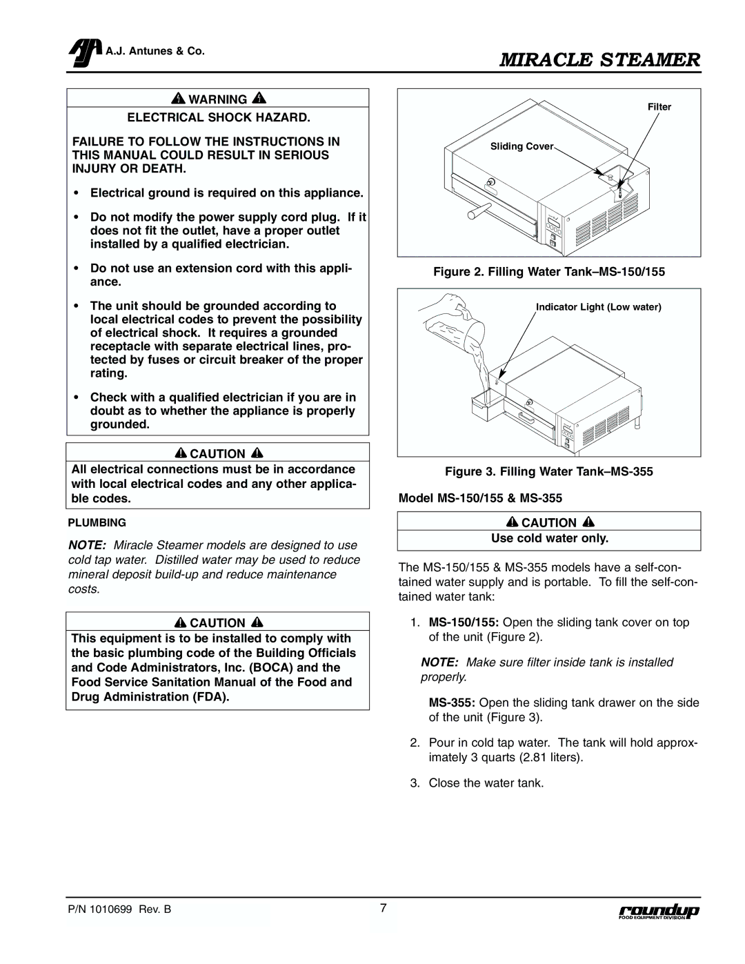 Antunes, AJ MS-355, MS-250/255 owner manual Filling Water Tank-MS-150/155 