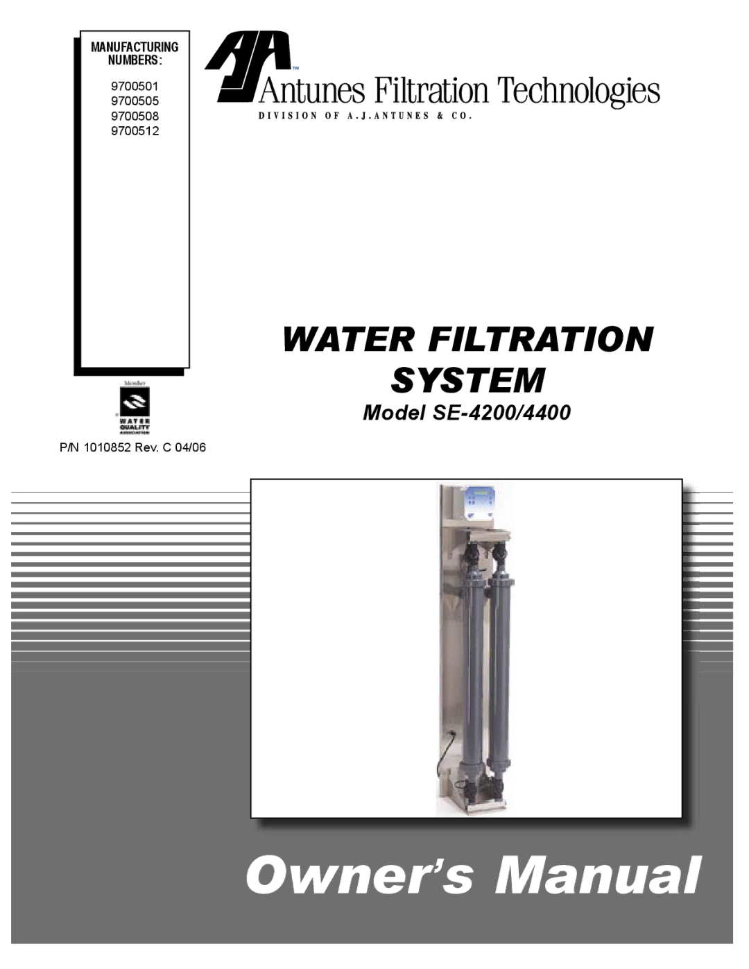 Antunes, AJ SE-4200/4400 owner manual Water Filtration System 