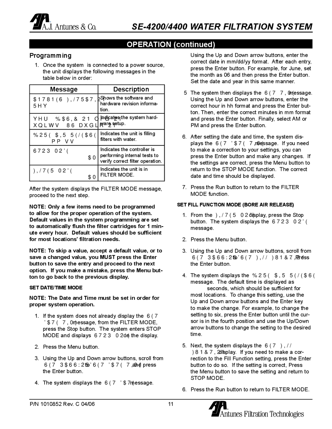 Antunes, AJ SE-4200/4400 owner manual Operation, Programming, Message Description 