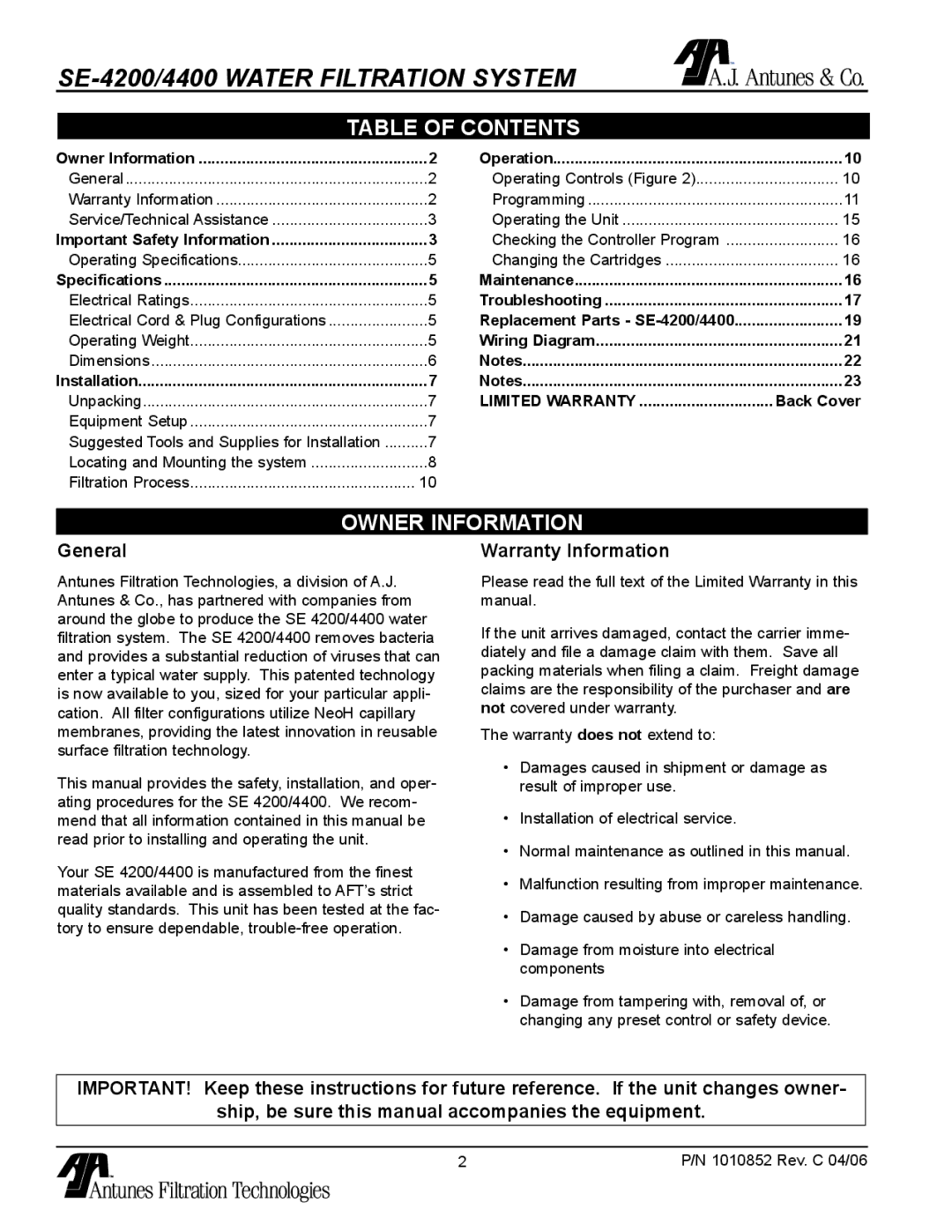 Antunes, AJ SE-4200/4400 owner manual Table of Contents, Owner Information 