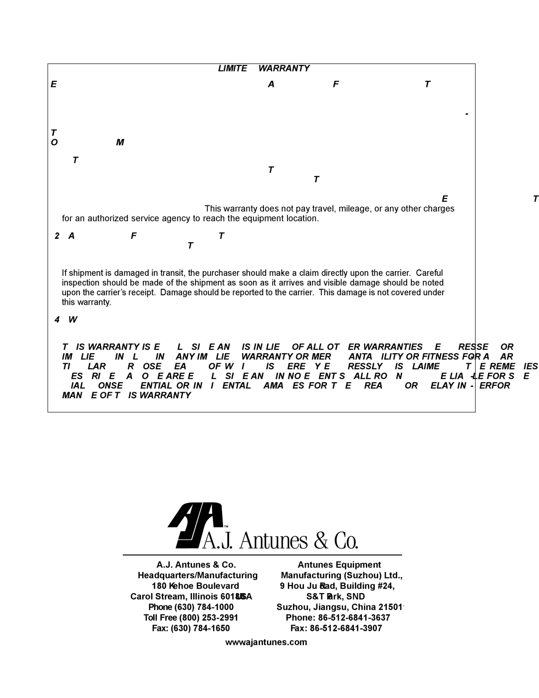 Antunes, AJ SE-4200/4400 owner manual Limited Warranty 