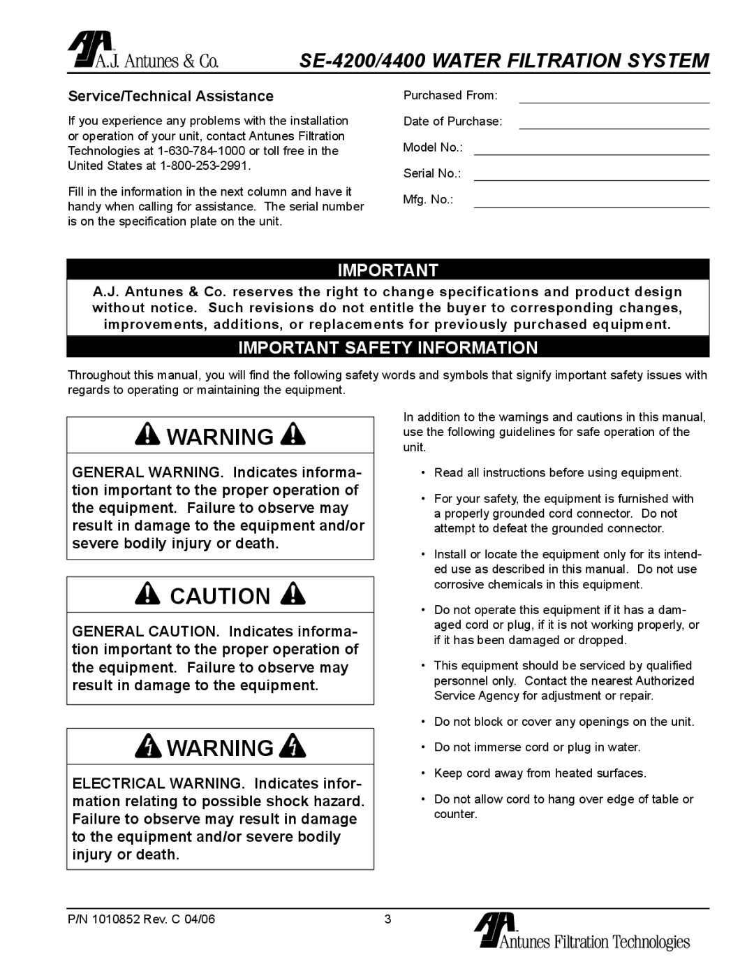 Antunes, AJ SE-4200/4400 owner manual Important Safety Information, Service/Technical Assistance 