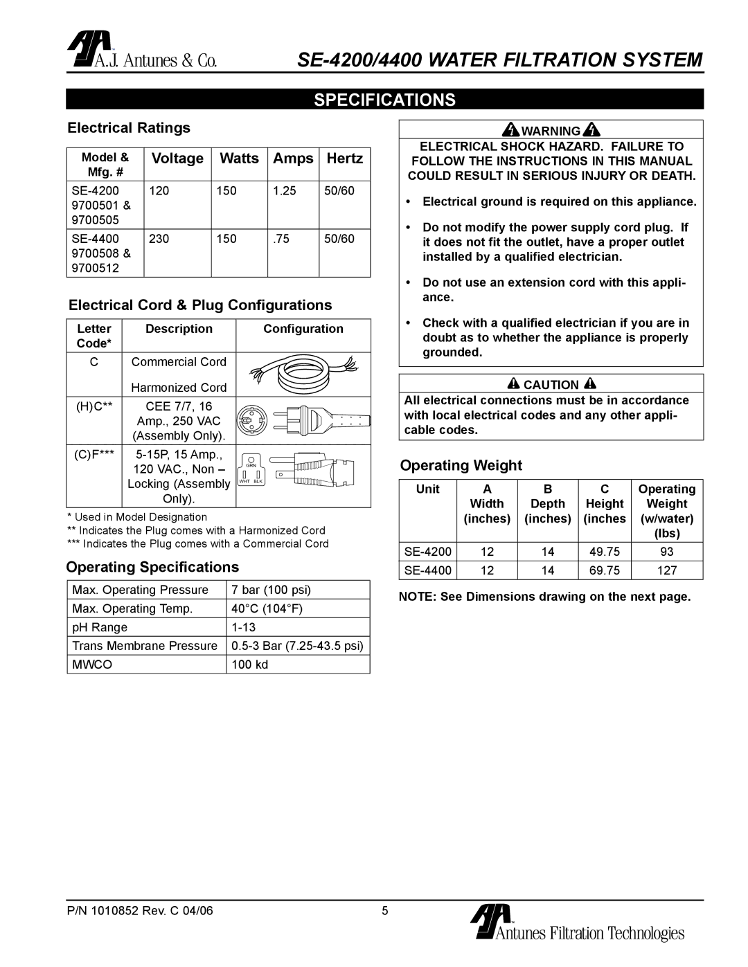 Antunes, AJ SE-4200/4400 owner manual Specifications 