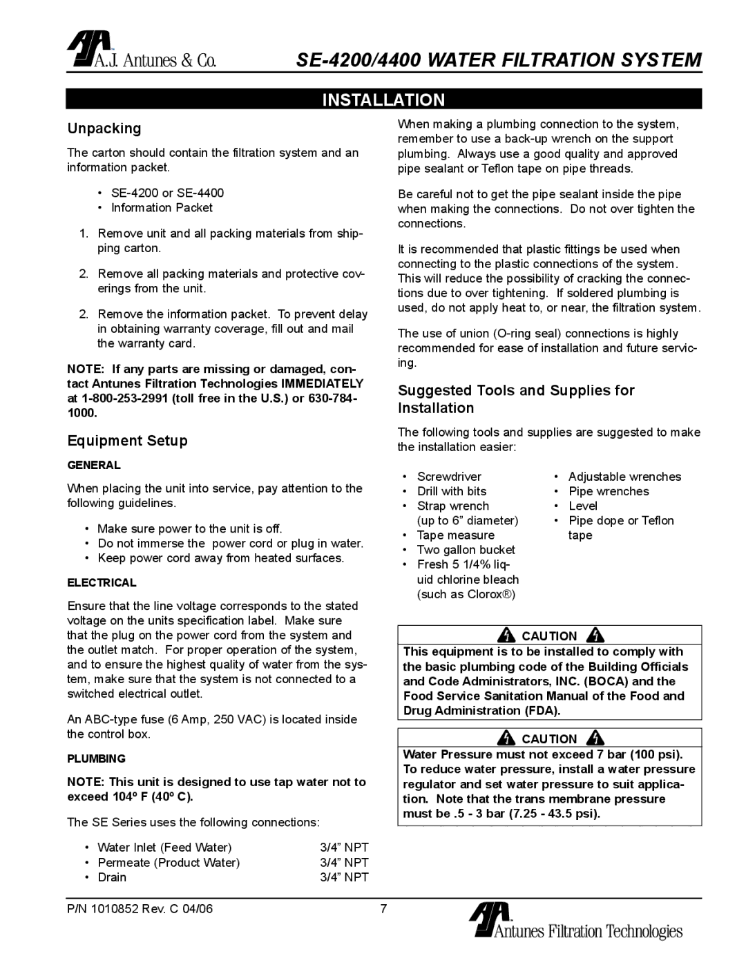 Antunes, AJ SE-4200/4400 owner manual Unpacking, Equipment Setup, Suggested Tools and Supplies for Installation 