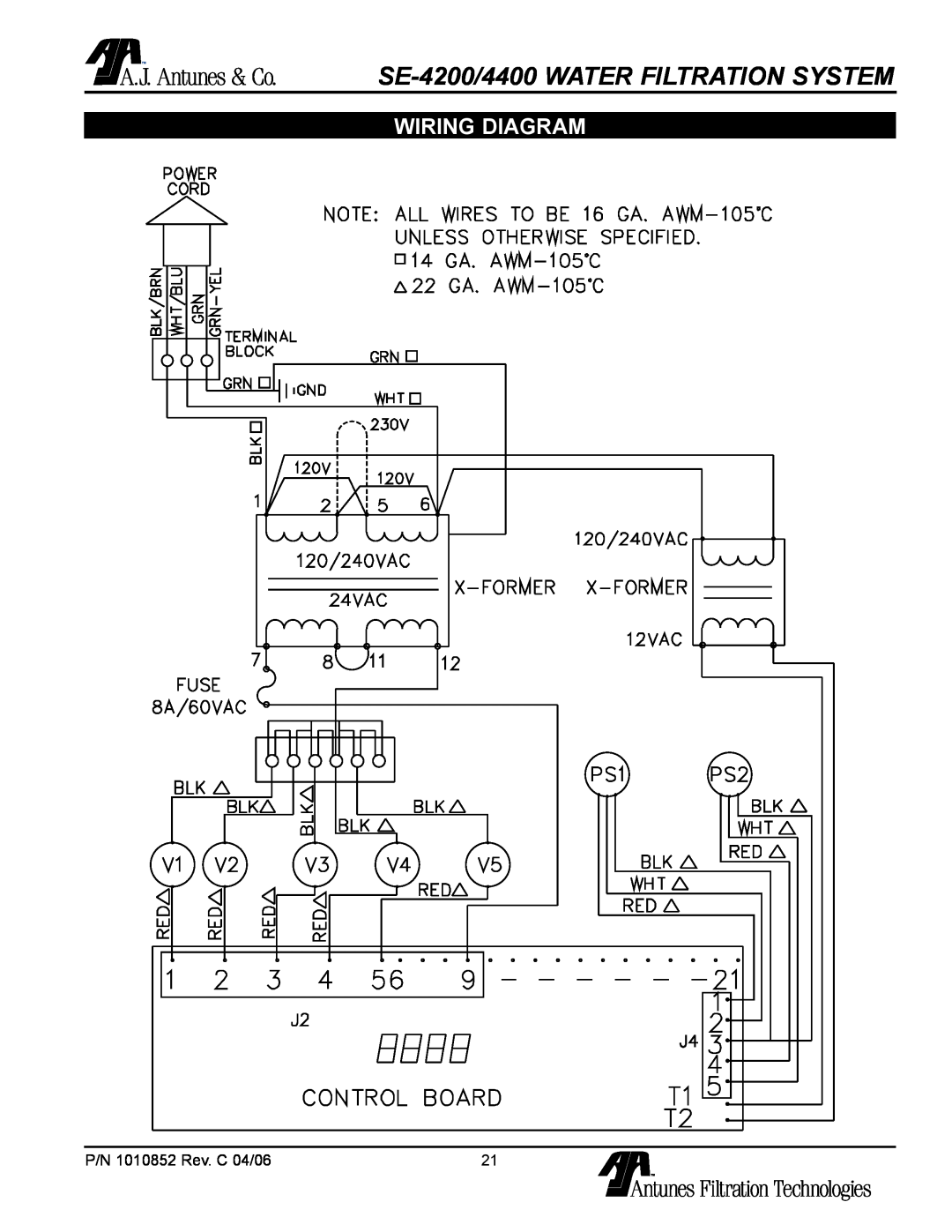 Antunes, AJ owner manual Wiring Diagram, SE-4200/4400 WATER FILTRATION SYSTEM 