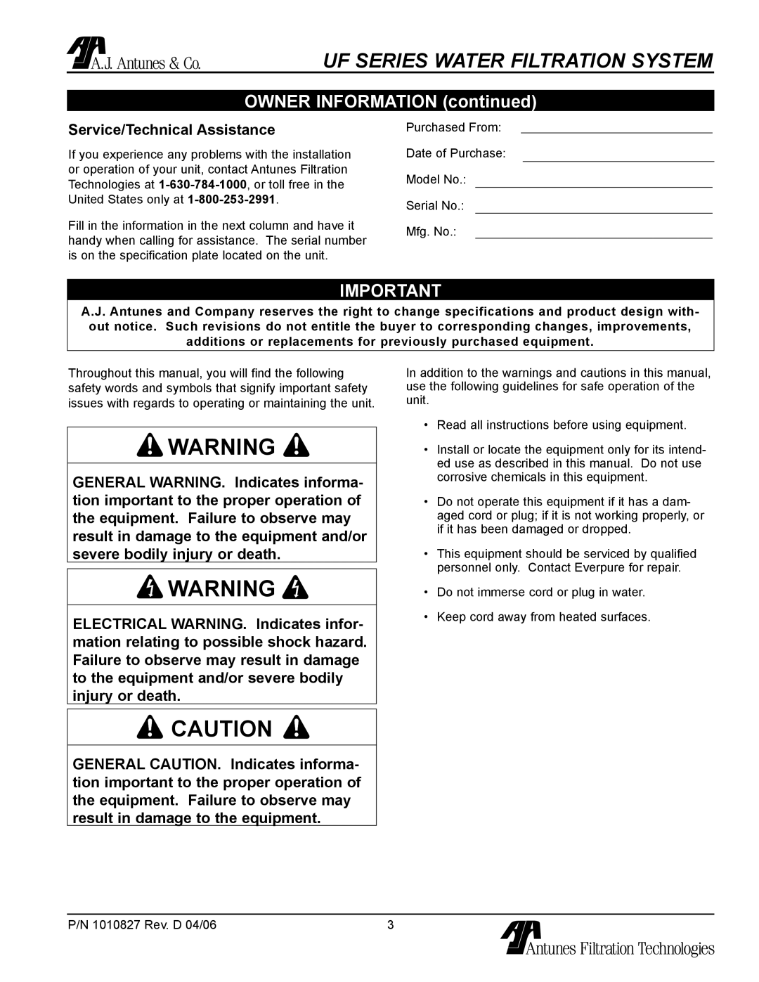 Antunes, AJ UF-420/440 owner manual Owner Information, Service/Technical Assistance 