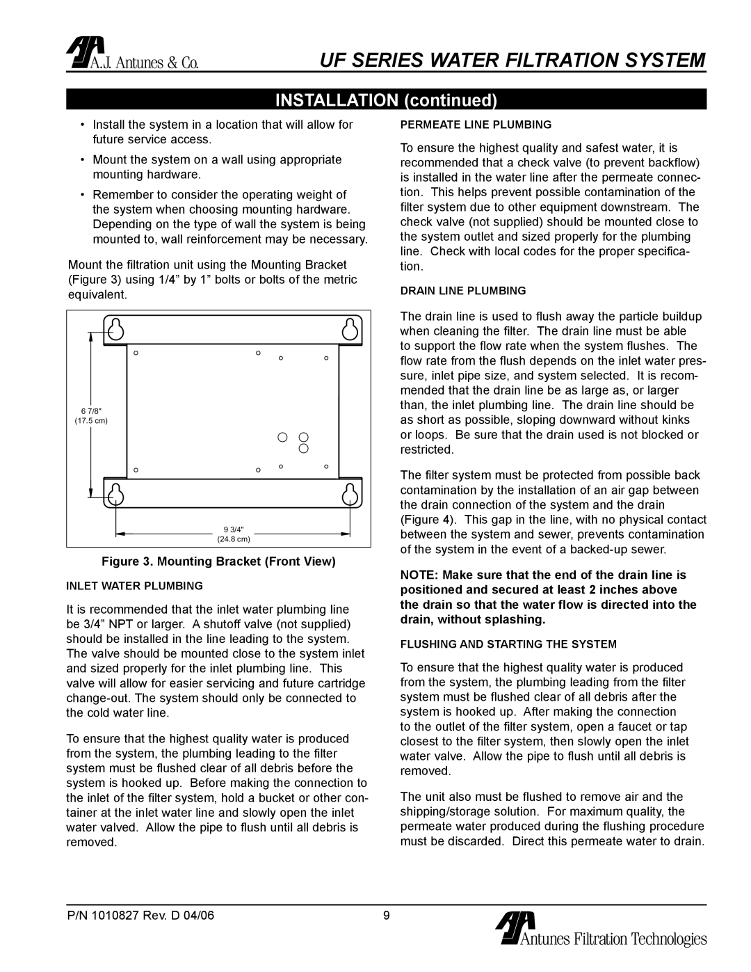 Antunes, AJ UF-420/440 owner manual Installation, Mounting Bracket Front View 