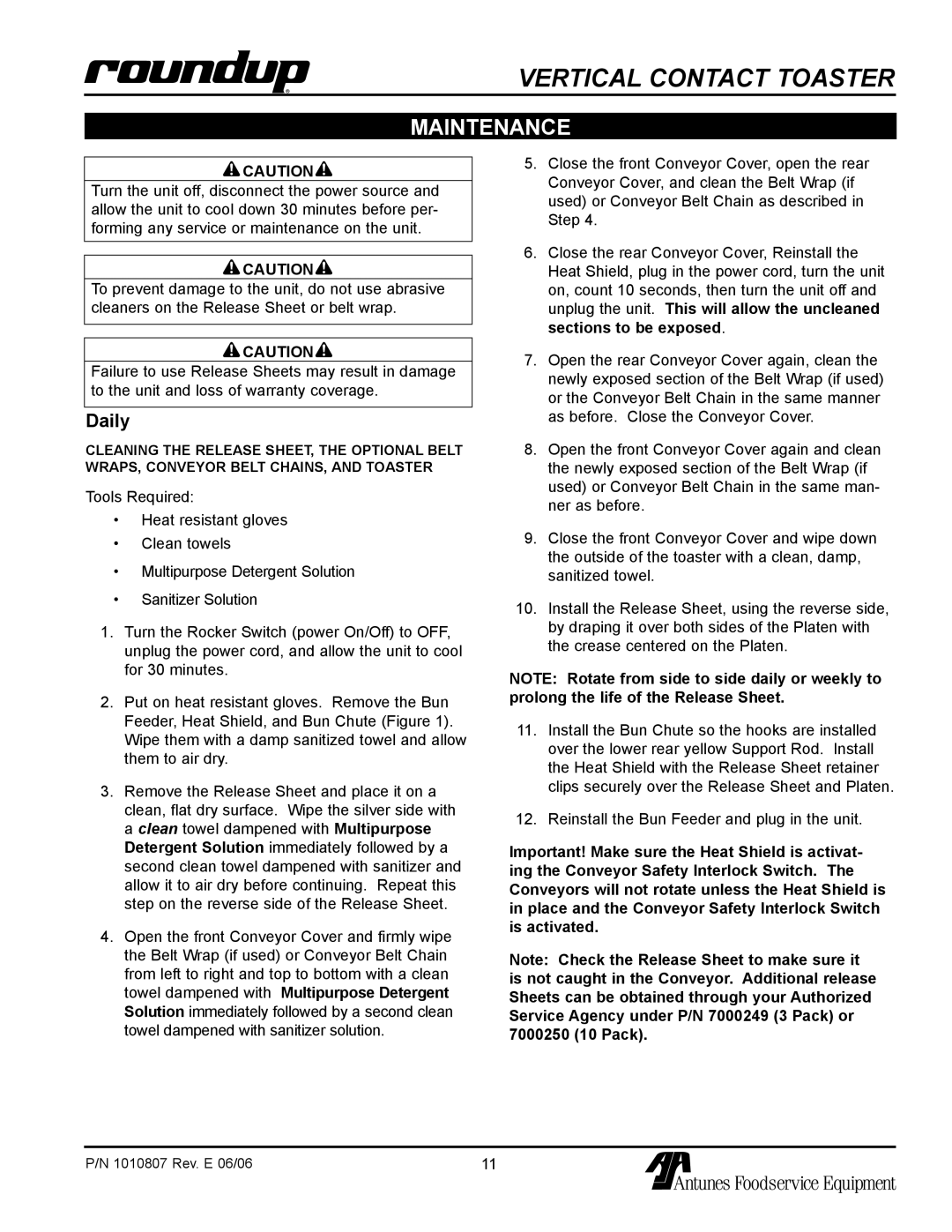 Antunes, AJ VCT-1000 owner manual Maintenance, Daily 