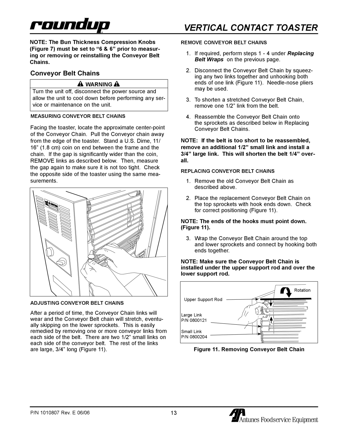 Antunes, AJ VCT-1000 owner manual Conveyor Belt Chains, Removing Conveyor Belt Chain 