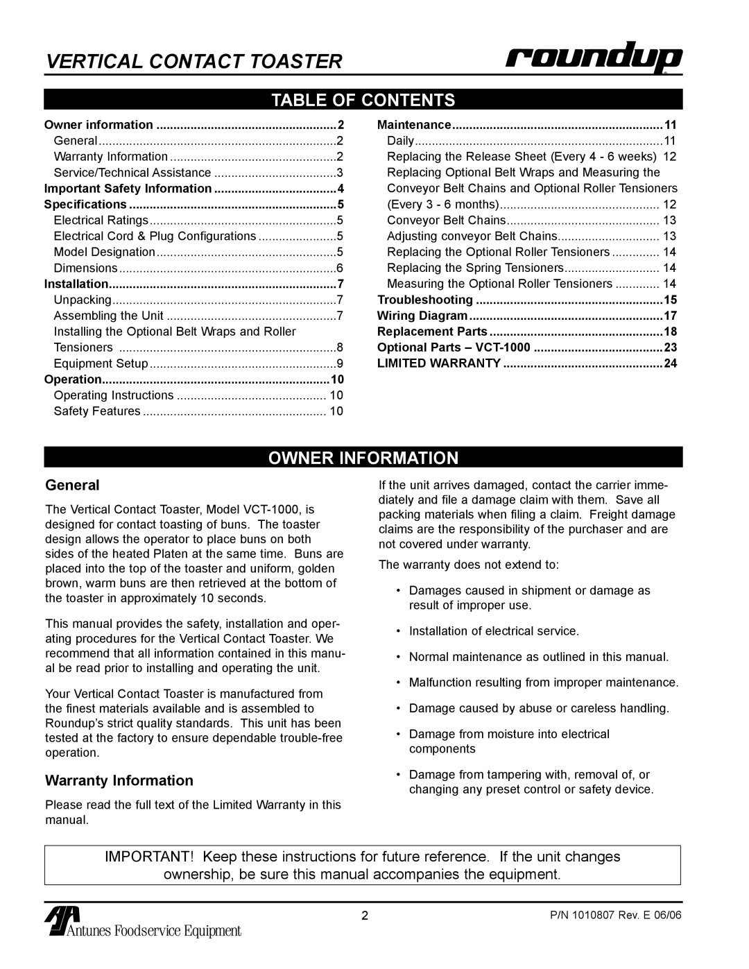 Antunes, AJ VCT-1000 owner manual Table of Contents, Owner Information 