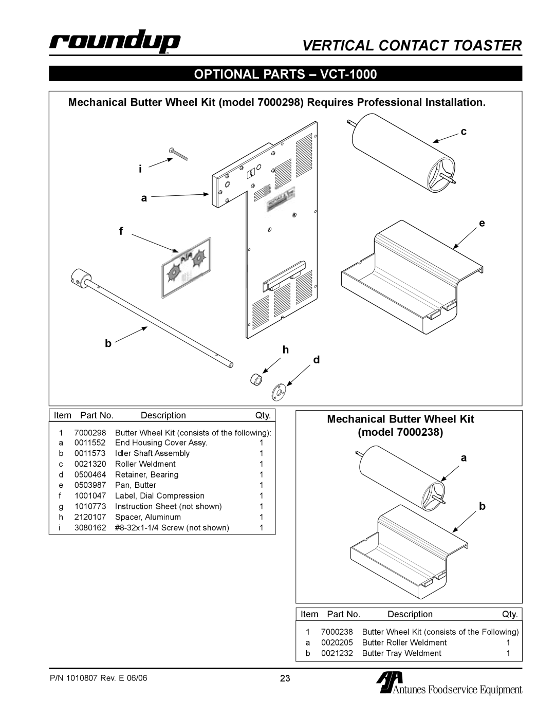 Antunes, AJ owner manual Optional Parts VCT-1000, Mechanical Butter Wheel Kit Model 