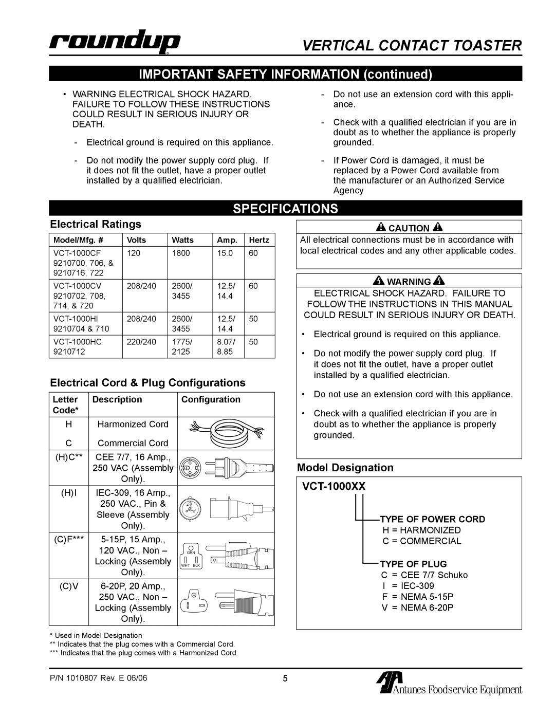 Antunes, AJ owner manual Important Safety Information, Specifications, Electrical Ratings, Model Designation VCT-1000XX 